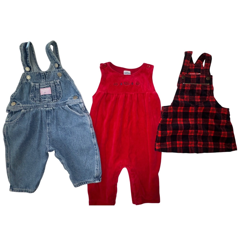 Vintage Baby OshKosh Bundle 6–9M Denim Pink Tag Overalls Red plaid Romper Skirt